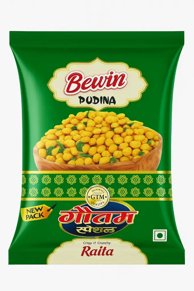 Bewin Pudina Boondi – Crispy Raita Flavored Snack | 60g Pack | GTM Quality | New Pack (Pack of 2)