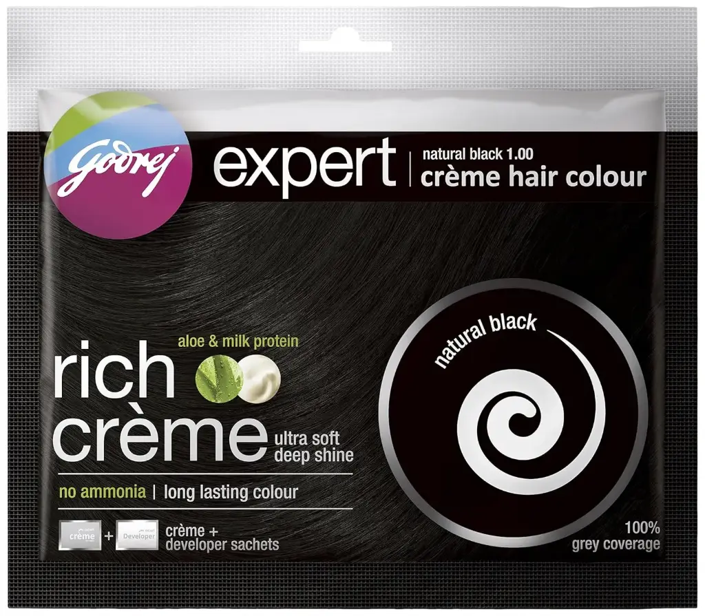 Godrej Expert Rich Crème Hair Colour – Natural Black | 20g + 20ml Sachet | For Men & Women | Ammonia-Free with Aloe & Milk Protein