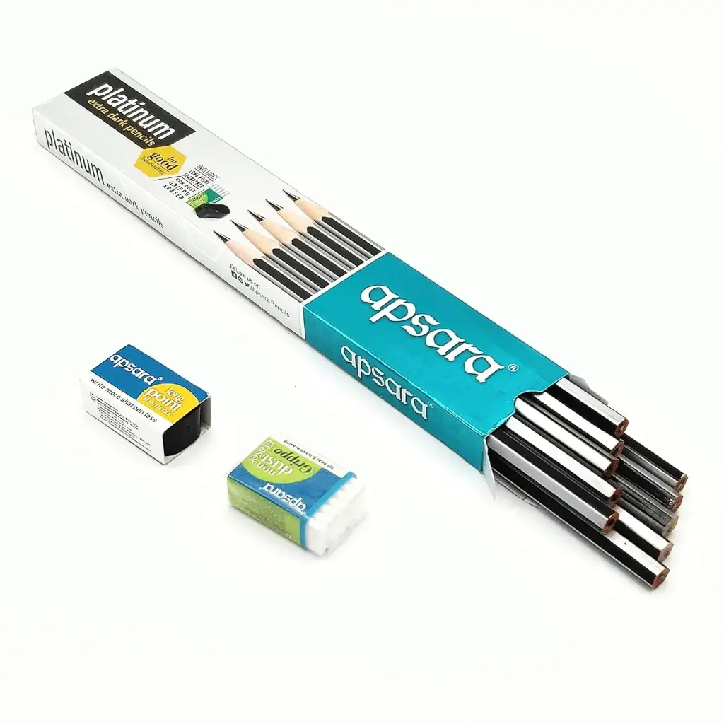 Apsara Platinum Extra Dark Pencils – Pack of 10 + Free Sharpener & Eraser | Smooth Writing | Ideal for School, Office & Sketching