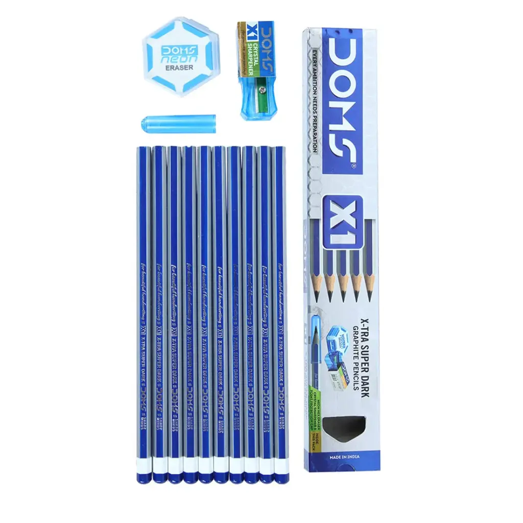 DOMS X1 Extra Dark Graphite Pencils – Pack of 10  Free Eraser & Sharpener  Smooth Writing Hexagonal Grip Ideal for School & Office