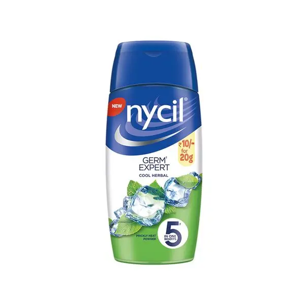 Nycil Germ Expert Prickly Heat Powder – 20g  Instant Relief from Rashes & Sweat  Travel-Friendly Cooling Talc 
