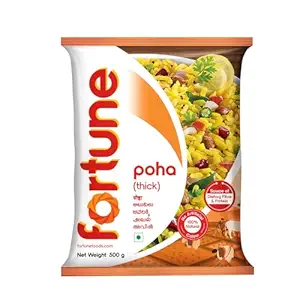 Fortune Thick Poha – 500g  Made from Chhattisgarh Rice  Source of Fibre & Protein  Hygienically Processed 